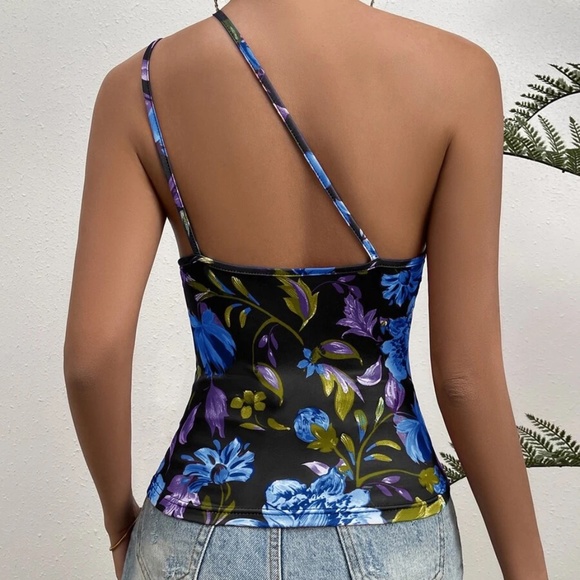 Boho Floral Print One Shoulder Cami Tank Top - Picture 9 of 13